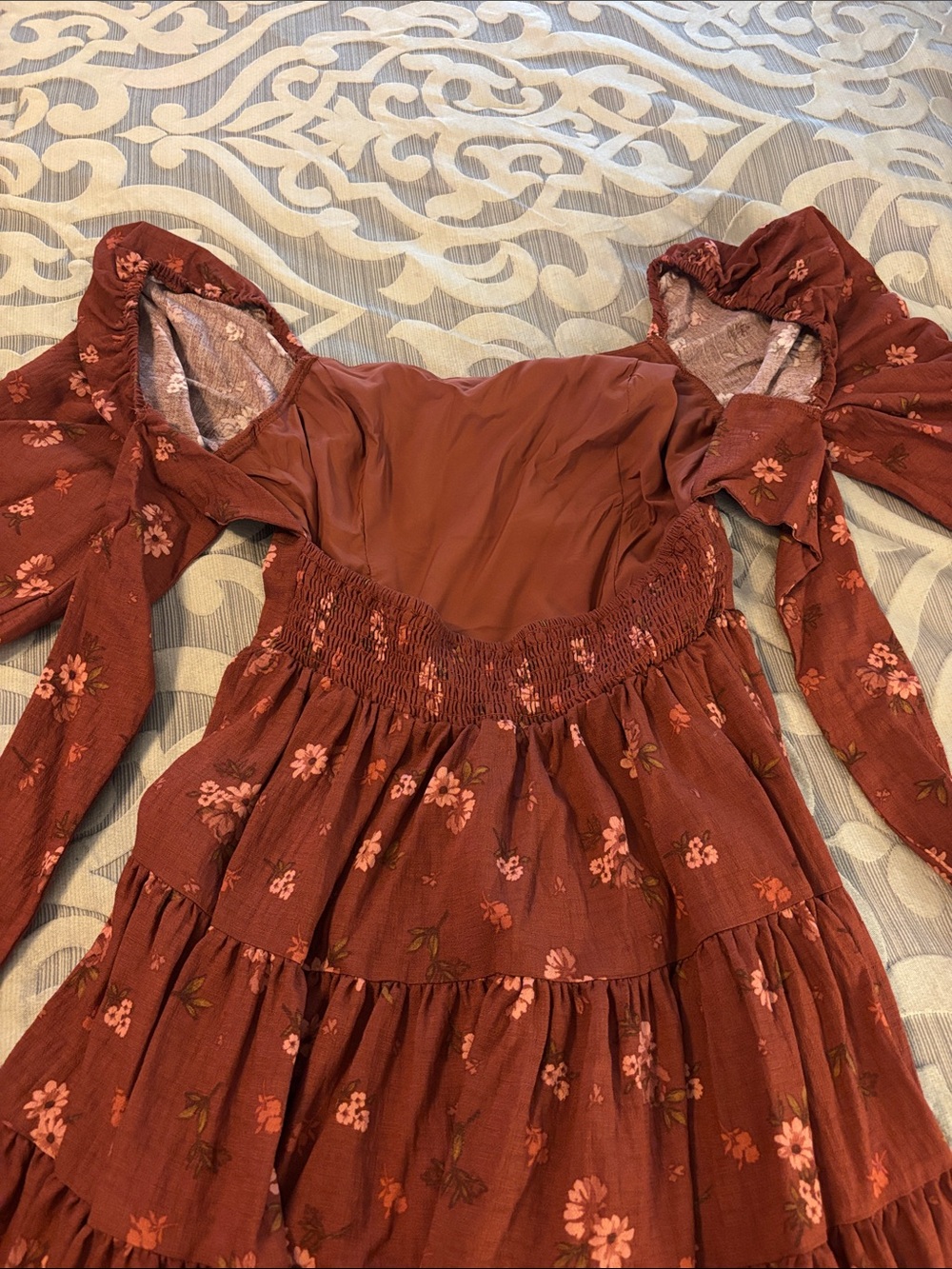 Altar'd State Rust Floral Tiered Puff-Sleeve Dress - Picture 4 of 5